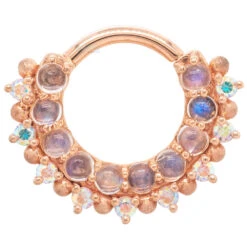 "Horizon 2" Hinge Ring In Gold With Rainbow Moonstone & Mercury Mist Topaz With Sandblasted Bead Accents -Body Vision Los Angeles 41175 BodyVision BVLAHorizon2HingeRinginGoldwithRainbowMoonstone MercuryMistTopazwithSandblastedBeadAccentsSingle5.16RoseGold1 cdc80fec 4712 4d86 8cf4 028d326a2896
