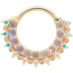"Horizon 2" Hinge Ring In Gold With Rainbow Moonstone & Mercury Mist Topaz With Sandblasted Bead Accents -Body Vision Los Angeles 41175 BodyVision BVLAHorizon2HingeRinginGoldwithRainbowMoonstone MercuryMistTopazwithSandblastedBeadAccentsSingle5.16YellowGold1