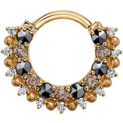 "Horizon" Hinge Ring In Gold With Marcasite, Champagne Diamond & White Diamond With Sandblasted Bead Accents