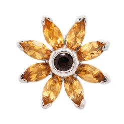 Sunflower Threaded End In Gold With Citrine & Smoky Quartz -Body Vision Los Angeles 41328 BVLABodyVisionMiniSunflowerThreadedEndinGoldwithCitrineandSmokyQuartzSingleWhiteGold2