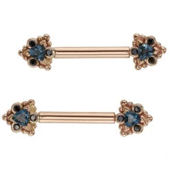 "Helana" Forward Facing Nipple Barbells In Gold With London Blue Topaz & Black Diamonds