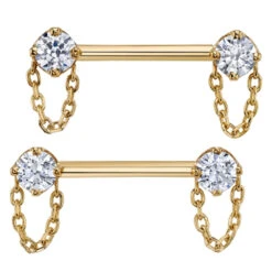"Rianna" Forward Facing Nipple Barbells With Chains In Gold With White CZ's