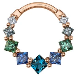 Graduating Tiffany Hinge Ring In Gold With London Blue Topaz, Polar Sapphire, Seafoam Tourmaline, Grey Sapphire & Diamonds
