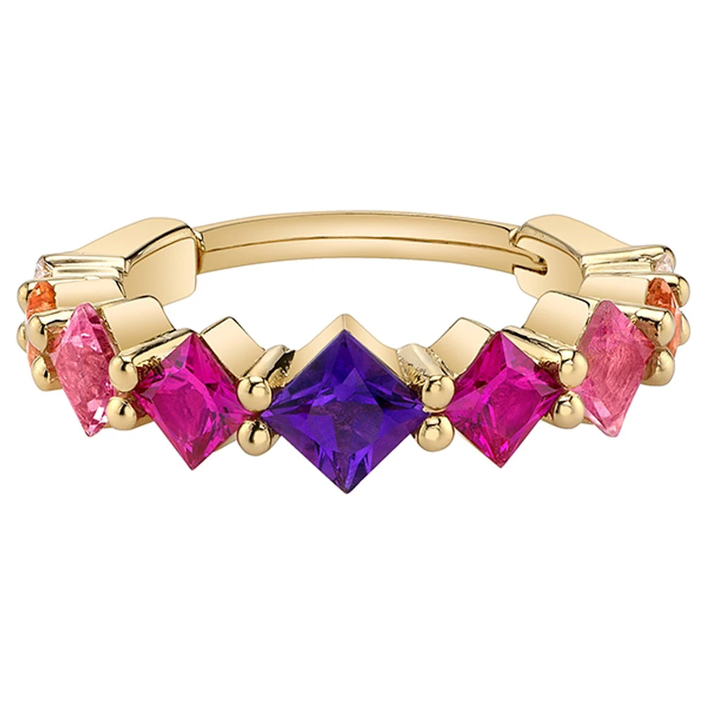 Graduating Tiffany Hinge Ring In Gold With Amethyst, Hot Pink Sapphire, Pink Topaz, Peach Topaz & Diamonds 1 Graduating Tiffany Hinge Ring In Gold With Amethyst, Hot Pink Sapphire, Pink Topaz, Peach Topaz & Diamonds