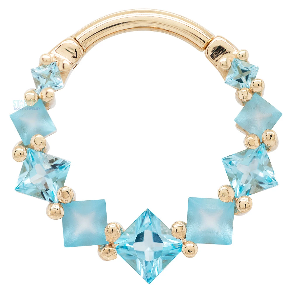 Graduating Tiffany Hinge Ring In Gold With Swiss Blue Topaz With Alternating Sandblasted Gems 1 Graduating Tiffany Hinge Ring In Gold With Swiss Blue Topaz With Alternating Sandblasted Gems