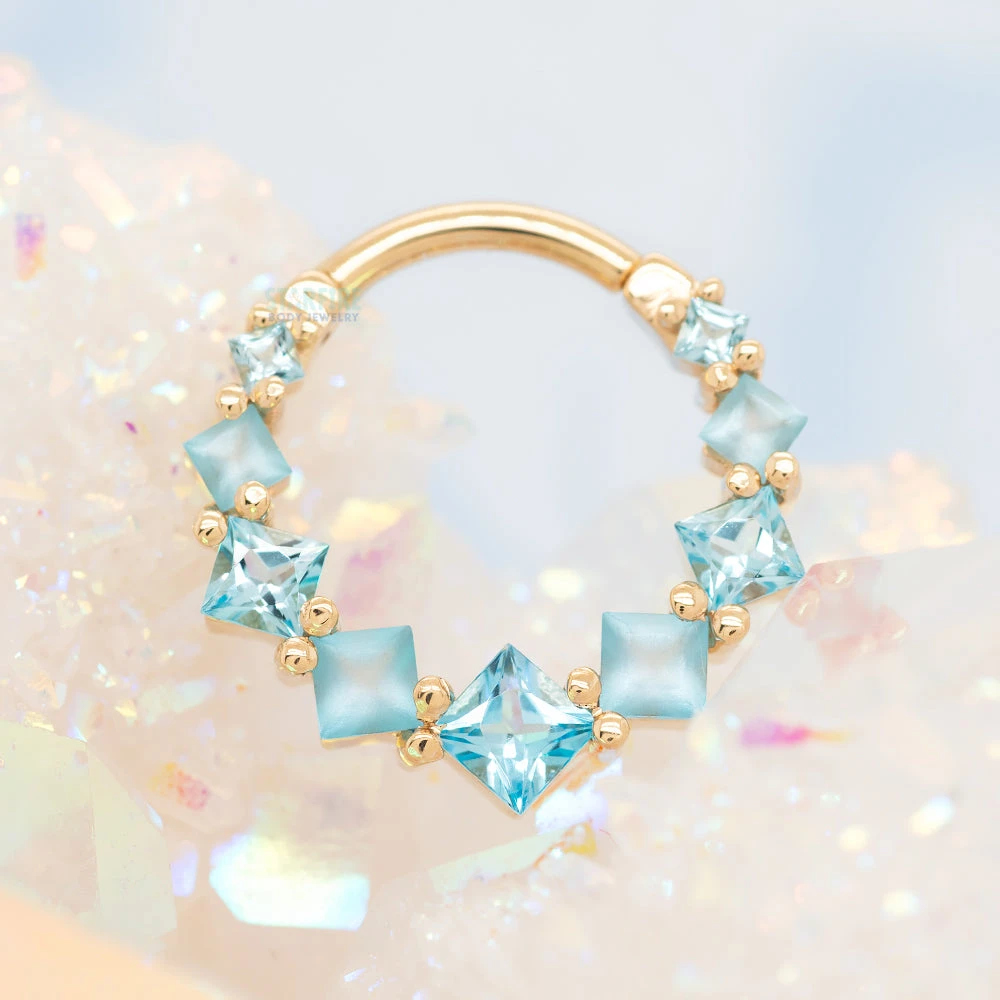 Graduating Tiffany Hinge Ring In Gold With Swiss Blue Topaz With Alternating Sandblasted Gems 2 Graduating Tiffany Hinge Ring In Gold With Swiss Blue Topaz With Alternating Sandblasted Gems - Image 2