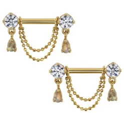 "Antoinette" Forward Facing Nipple Barbells With Chains In Gold With White CZ's & Rose Cut Labradorite