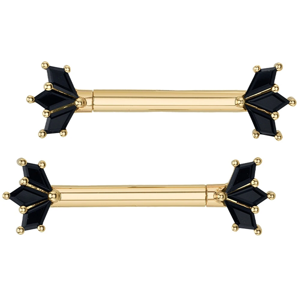 "Daydream" Forward Facing Nipple Barbells In Gold With Onyx 2 "Daydream" Forward Facing Nipple Barbells In Gold With Onyx - Image 2