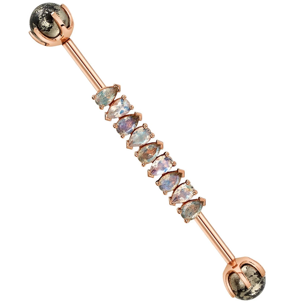 "Freyja" Industrial Barbell In Gold With Rainbow Moonstone, Labradorite & Pyrite 2 "Freyja" Industrial Barbell In Gold With Rainbow Moonstone, Labradorite & Pyrite - Image 2