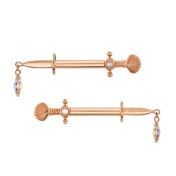 "Siren's Kiss" Forward Facing Nipple Barbells In Gold With Pearl & Mercury Mist Topaz -Body Vision Los Angeles 41865 Body Vision BVLA Sirens Kiss Forward Facing Nipple Barbells in Gold RG VENDOR PHOTO