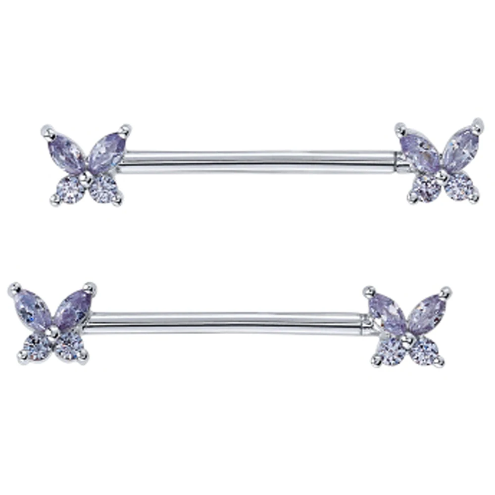 "Monarch" Forward Facing Nipple Barbells In Gold With Lavender CZ's 2 "Monarch" Forward Facing Nipple Barbells In Gold With Lavender CZ's - Image 2