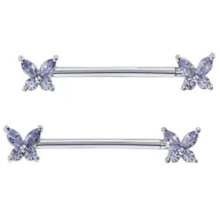 "Monarch" Forward Facing Nipple Barbells In Gold With Lavender CZ's