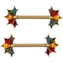 "Spirit" Forward Facing Nipple Barbells In Gold Rainbow With Genuine Gemstones