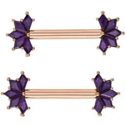 "Spirit" Forward Facing Nipple Barbells In Gold With Amethyst