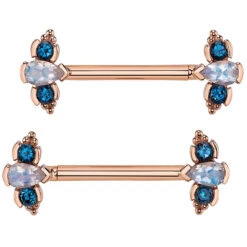 "3 Gem Mini Nikki Panaraya" Forward Facing Nipple Barbells In Gold With Faceted Rainbow Moonstone & London Blue Topaz