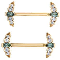 "Nikki Panaraya" Forward Facing Nipple Barbells In Gold With Grey Sapphire & Diamonds