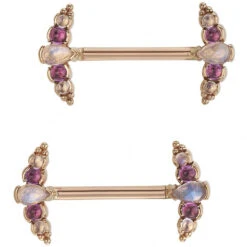 "Nikki Panaraya" Forward Facing Nipple Barbells In Gold With Rainbow Moonstone & Rhodolite