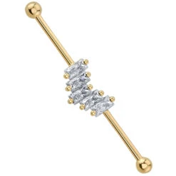 "Reina" Industrial Barbell In Gold With White CZ's