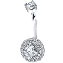 "Round Halo With Side Gems" Navel Curve In Gold With White CZ's