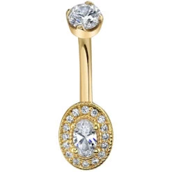 "Oval Halo" Navel Curve In Gold With White CZ's