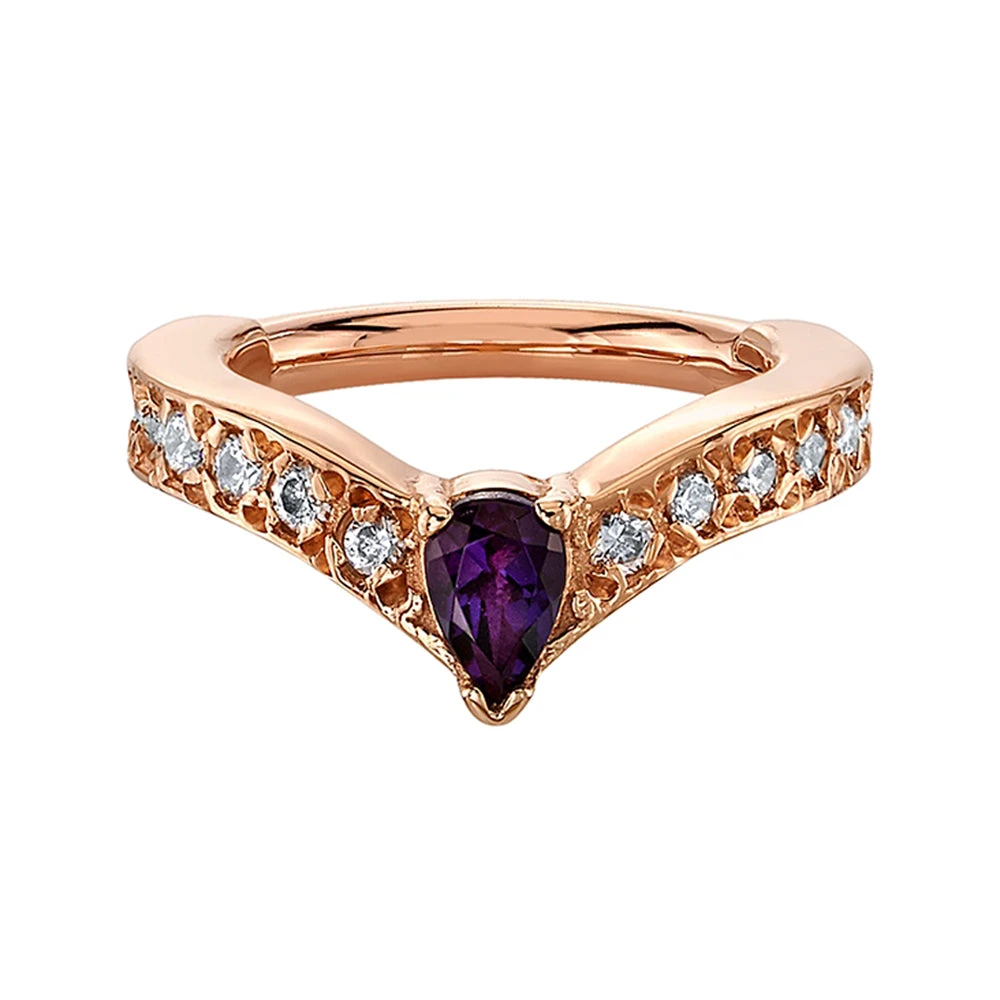 "Cherish Pear" Hinge Ring In Gold With Diamond & Amethyst 1 "Cherish Pear" Hinge Ring In Gold With Diamond & Amethyst