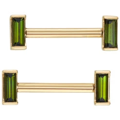 Baguette Bar Forward Facing Nipple Barbells In Gold With Green Tourmaline