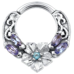 "Ipomoea" Hinge Ring In Gold With Ice Blue Diamond & Tanzanites