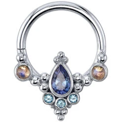 "Colada" Seam Ring In Gold With Tanzanite, Ice Blue Topaz & Rainbow Moonstones