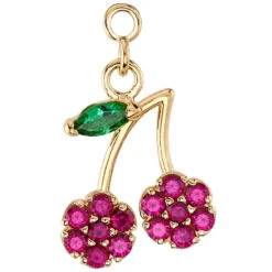 Flower Cherries Charm In Gold With Synthetic Green & Red Gemstones
