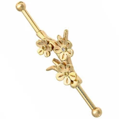 Cherry Blossom Branch Industrial Barbell In Gold With Yellow Sapphire & Diamond