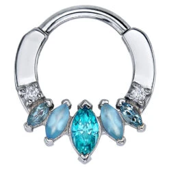 "Tesseract" Hinge Ring In Gold With White CZ, Aquamarine, Sandblasted Swiss Blue Topaz & Mint CZ